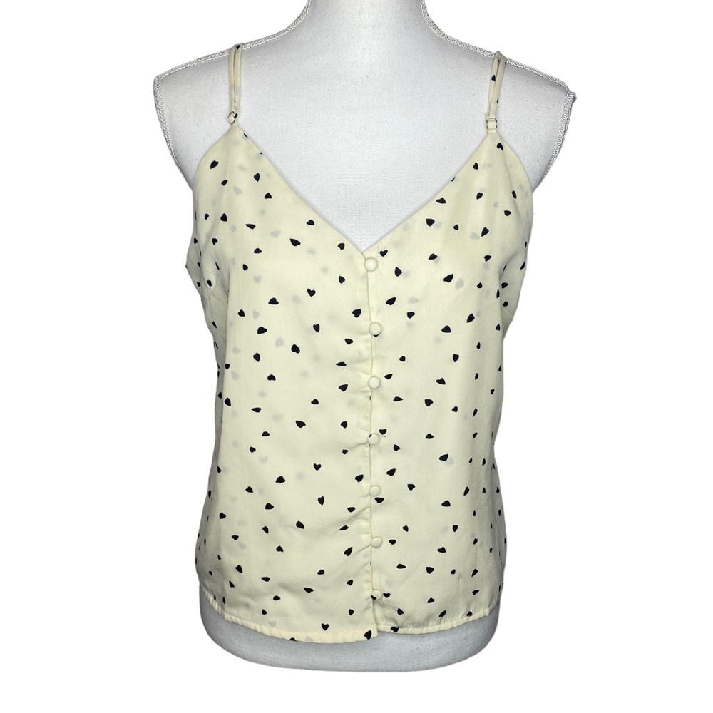 Crescent Spaghetti Strap Button Up Black Hearts Top Cami Blouse